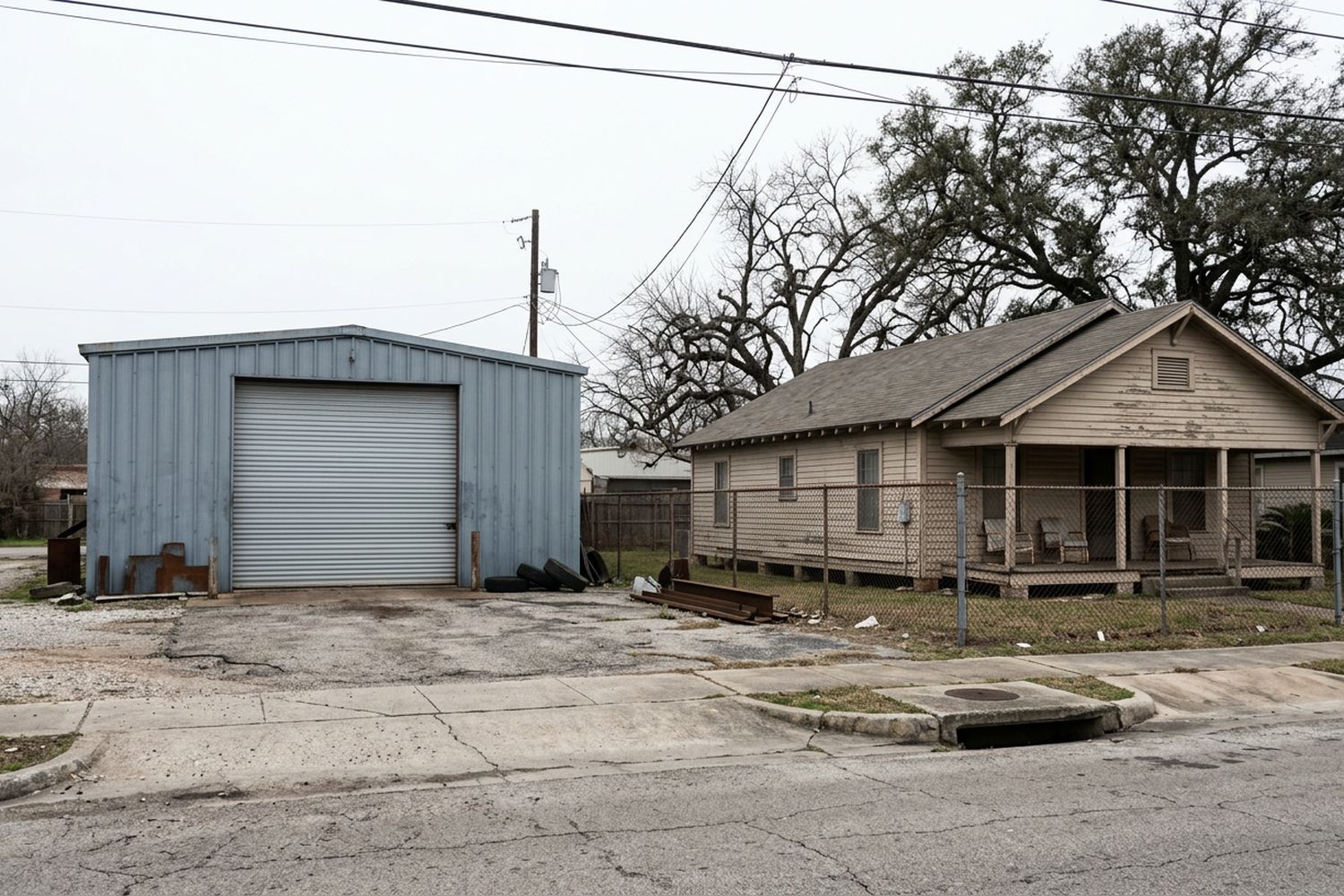 A small steel fabrication shop with a closed roll up door on a corner lot, a chain link fence, and a modest single storey wooden house with a front porch immediately beside it, flat overcast light, nobody in frame