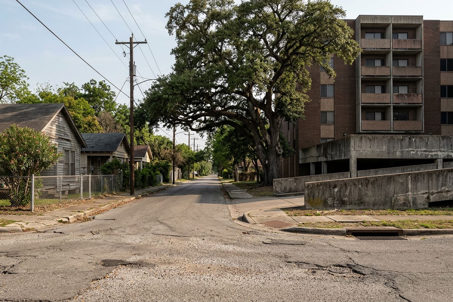 A six storey brick residential building with a concrete parking podium on a corner, seen along a narrow side street lined with modest single storey houses and big trees, hazy afternoon light, nobody in frame