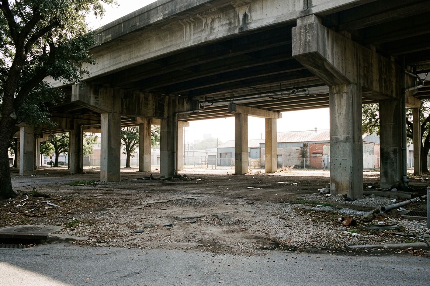 The underside of an elevated concrete freeway crossing a city block on two rows of piers, a gravel lot in the shade beneath, low buildings visible in the bright haze beyond, nobody in frame
